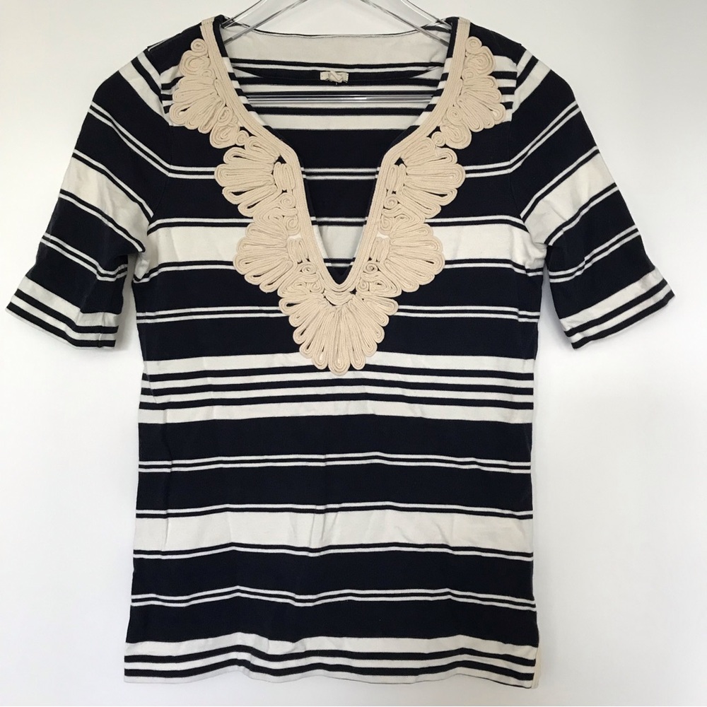 J Crew V-neck embroidered striped top. Navy and cream colored.